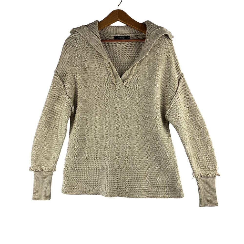 Lillusory V Neck Preppy Knit Sweater Women's Medium Shawl Collar Oatmeal Fringe